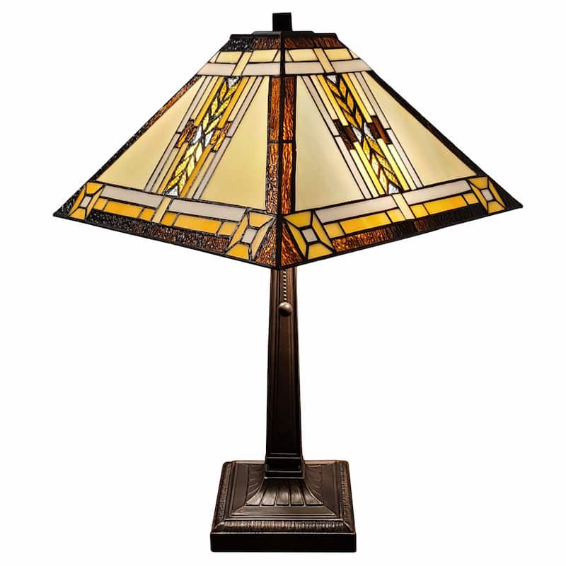 HomeRoots 23" Stained Glass Two Light Mission Style Table Lamp with Stained Glass Shade - 21 x 22 x 11