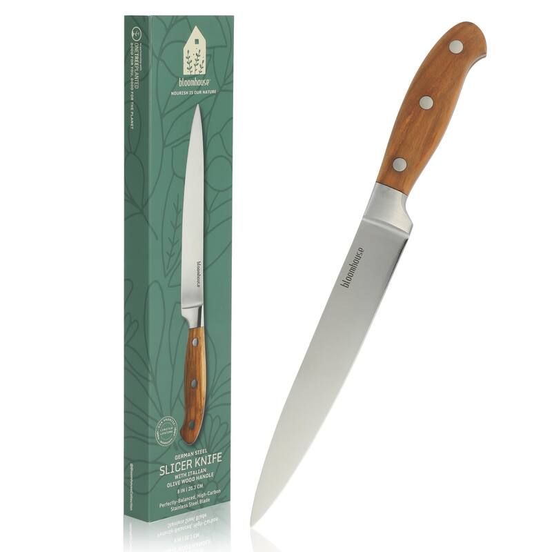 Bloomhouse 8 Inch German Steel Slicer Knife W/ Italian Olive Wood Forged Handle
