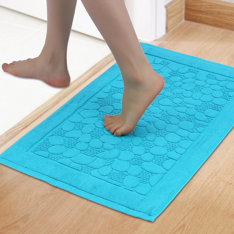 Reversible Cotton Mats Spa Style Bathroom Floor Rugs Thick Soft Water Absorbent Quick Dry Lightweight Shower Tub - Blue