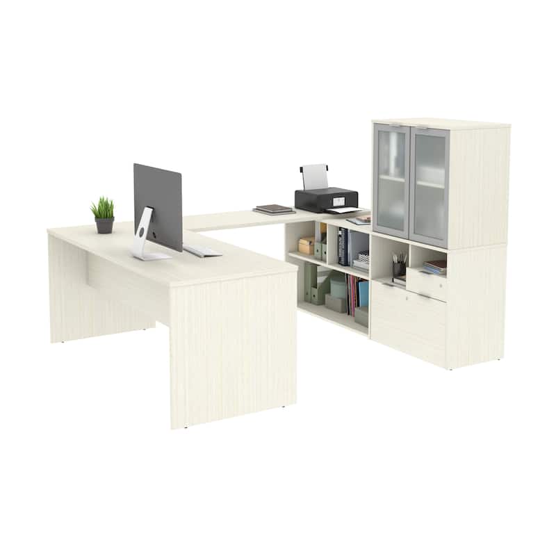 Bestar i3 Plus U-Desk with Frosted Glass Door Hutch