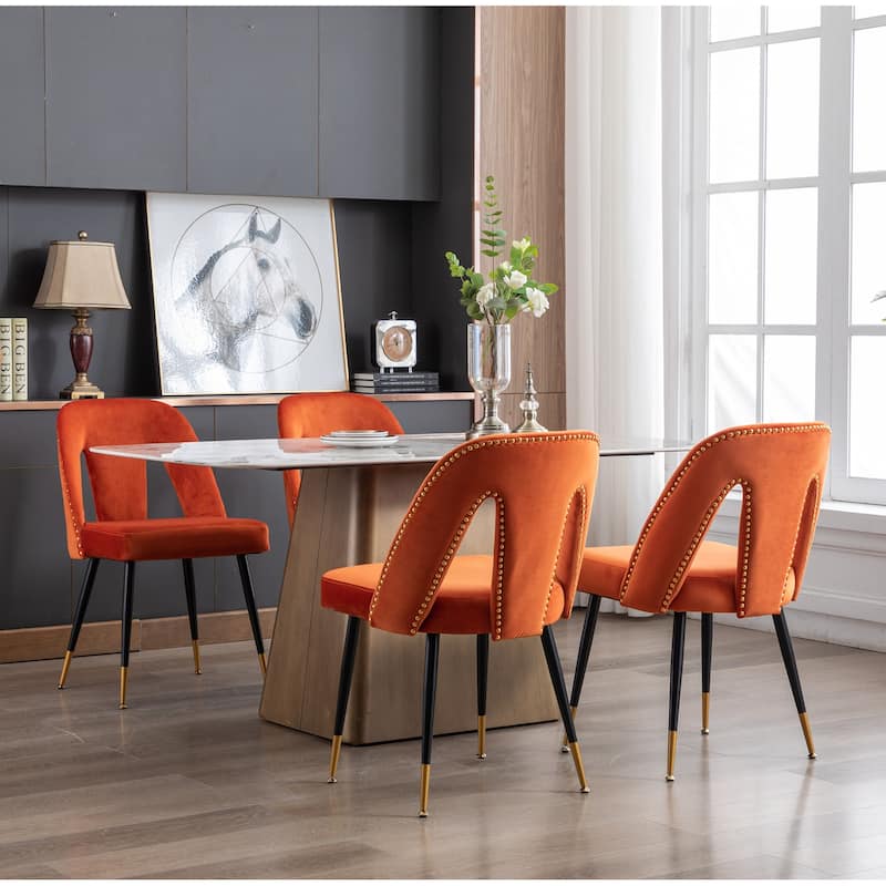 Velvet Upholstered Dining Chairs Set of 2, Thickened Fabric Kitchen Chairs, Leisure Chairs with Nailheads & Metal Legs