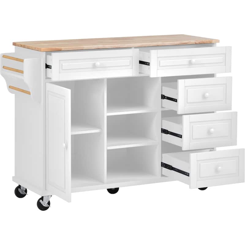 Kitchen Island with on Locking Wheels, Rolling Cart with Rubber Wood Desktop, Mobile Island with 3 Open Shelves & 5 Drawers