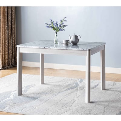 Faux Marble White Dining Table Top Four Rounded Leg Posts Rounded Table Corners White Oak Leg Color