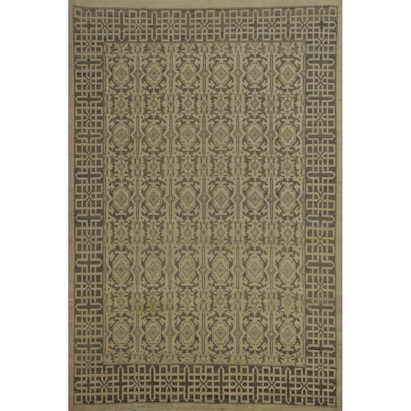 Hand Knotted Oriental 100% Wool Carpet Traditional Geometric Beige & Ivories Peshawar Area Rug - 10' 0'' X 8' 1''