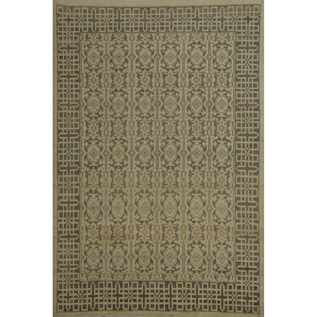 Hand Knotted Oriental 100% Wool Carpet Traditional Geometric Beige & Ivories Peshawar Area Rug - 10' 0'' X 8' 1''