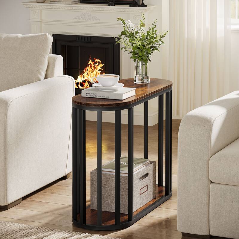 Industrial End Table Oval Side Table with Shelf for Small Spaces