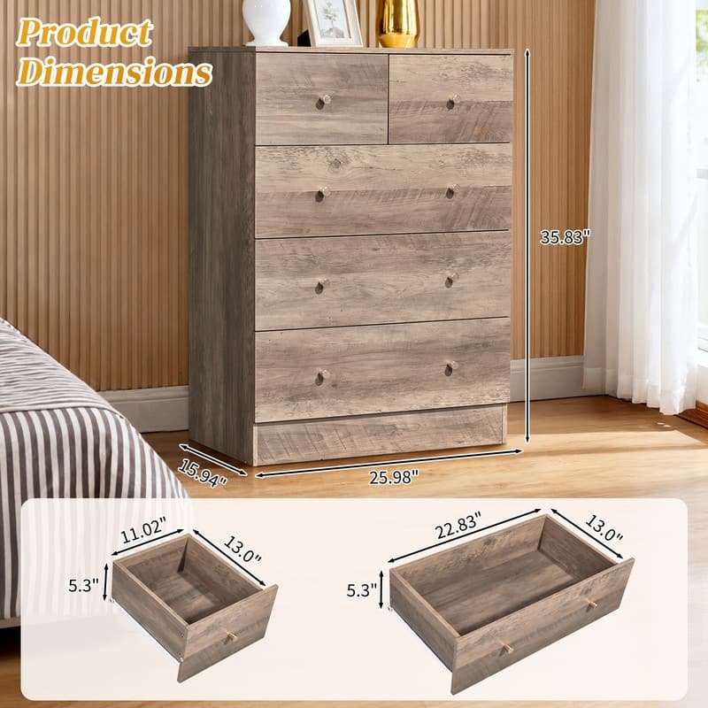 5-Drawer Dresser For Bedroom And Chest Of Drawers With Sturdy Construction Wood Storage Organizer For Closet