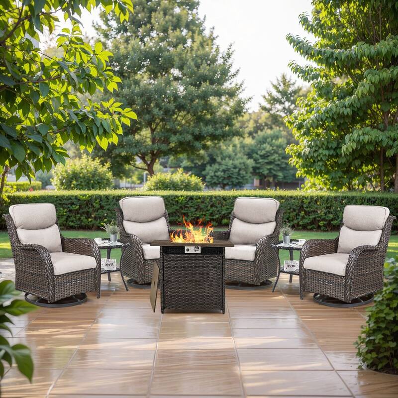 7 Pieces Outdoor Gliders Chairs Table Fire Pit Table with 5-Inch Thick Cushions - Brown Rattan - Beige Cushion - 7PCS Swivel Chairs Table with Square Fire Table