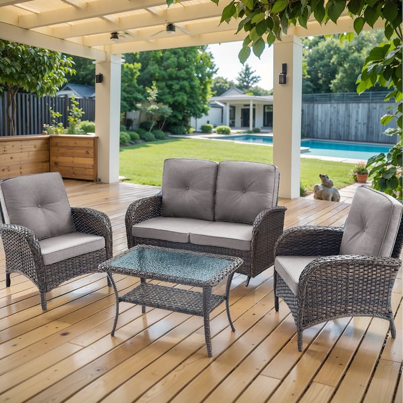 All Weather Rattan Glider Sofa with Chair Table - Brown - Grey - Brown