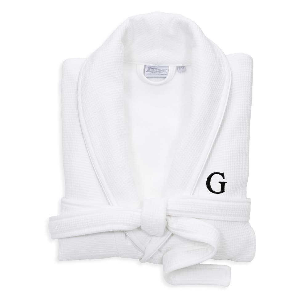 Authentic Hotel and Spa White Unisex Turkish Cotton Waffle Weave Terry Bath Robe with Black Block Monogram