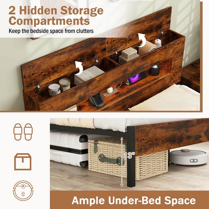 Costway Full Bed Frame with LED Lights Storage Headboard Power Outlets