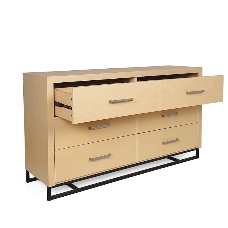 Roomfitters 6-Drawer Modern Wood Storage Dresser with Metal Base, Wide Chest of Drawers for Bedroom or Living Room