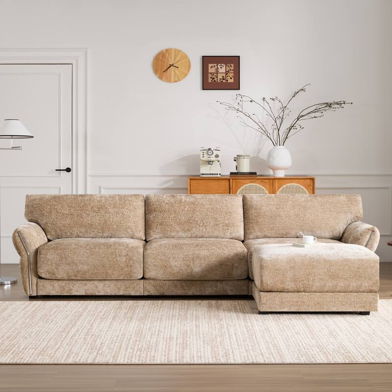 Modular Sectional Sofa Set with Petal Armrest Design External USB and Type-C Charger, Movable Ottoman, Chenille