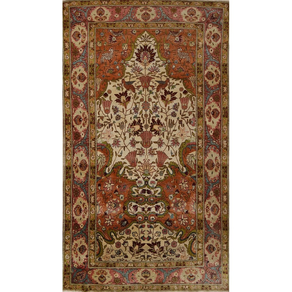 Hand Knotted Traditional Silk Beige Floral Area Rug - 5' 1'' X 3' 1''