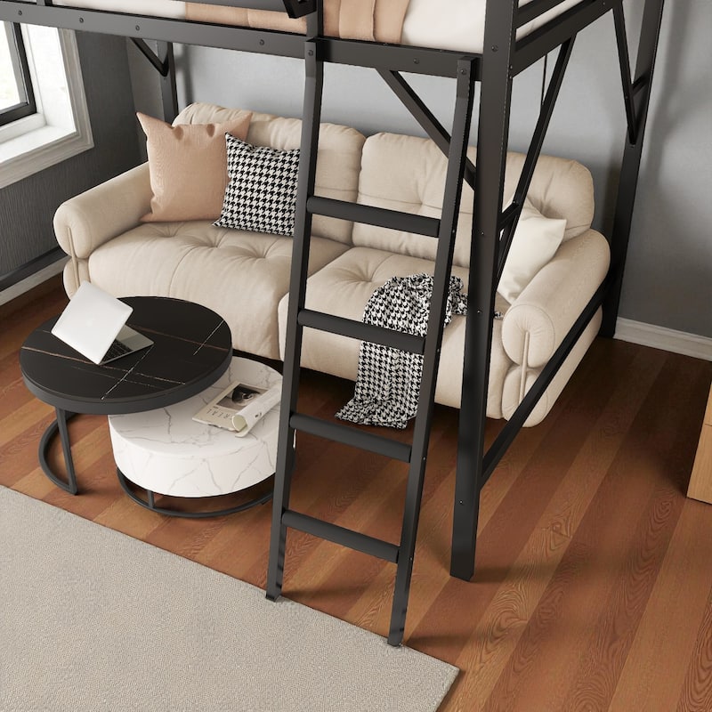 Full/Queen Size Metal Loft Bed with Storage Shelves, Guardrails, and Ladder, Space-Saving High Loft Bed for Kids and Teens