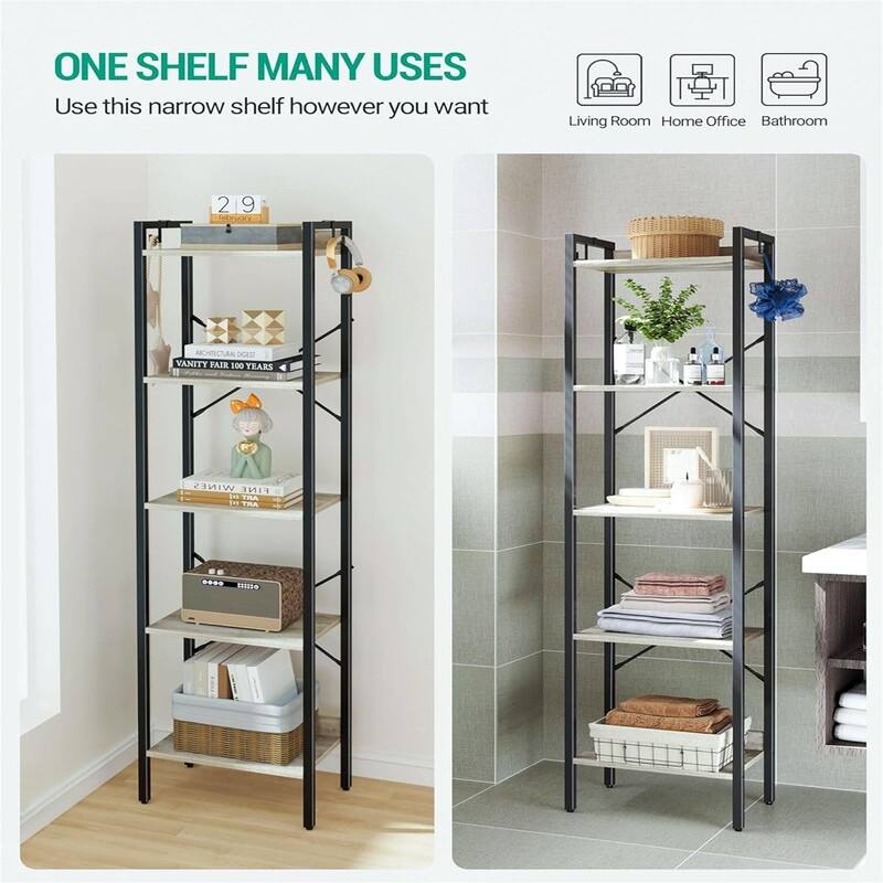 Book Shelf Industrial Bookcase with 2 Hooks - 9.45"D x 15.75"W x 63"H