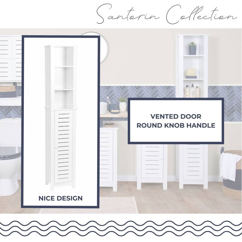 Santorin Tall White Bathroom Storage Cabinet Linen Tower - 13 7/8"L x 10.4"W x 68"H