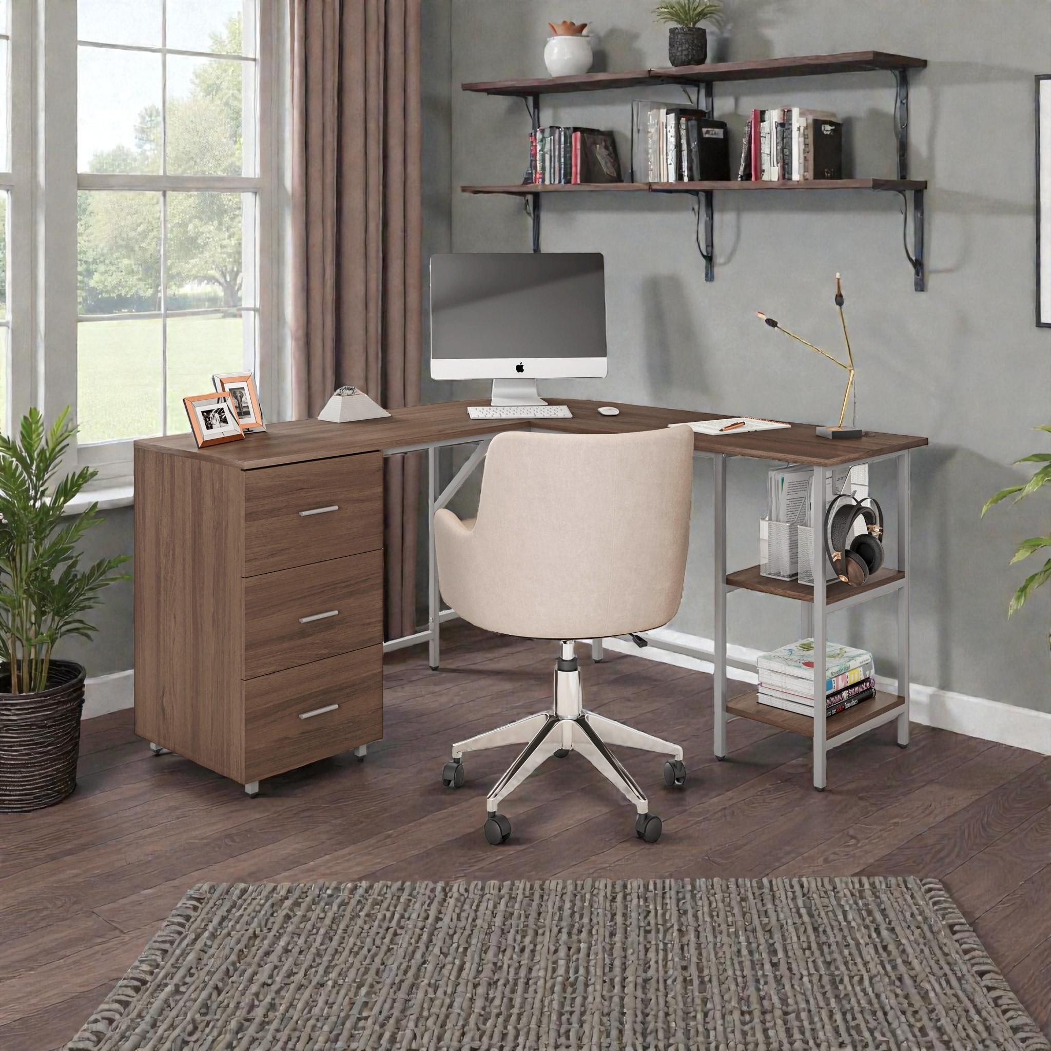 L Shaped Computer Desk with Storage Drawers and Adjustable Shelves, Corner Office Desk with Steel Frame