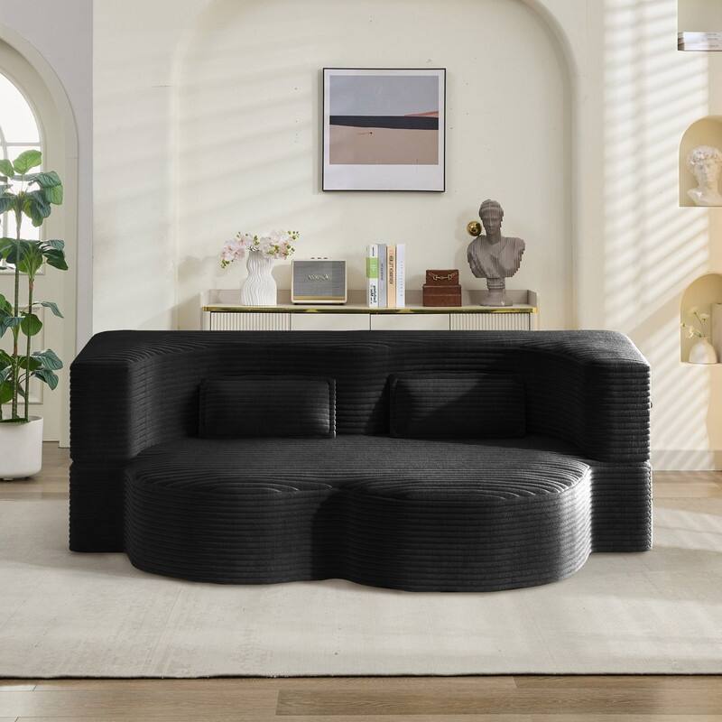 Modern 78.7" Floor Sofa With 2 Pillows For Small Pace Living Room, Convertible Sleeper Sofa Bed - Black Corduroy
