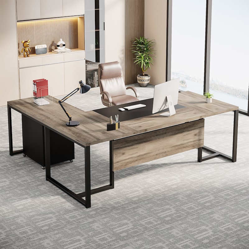 70.8'' Executive Desk with File Cabinet, Large L-Shaped Desk - Grey+Black