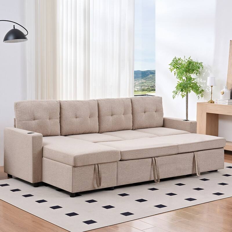 Mixoy 101"Linen 4-Seater Modular Sofa with Storage Chaise,Sleeper Sofa with Pull-out Bed