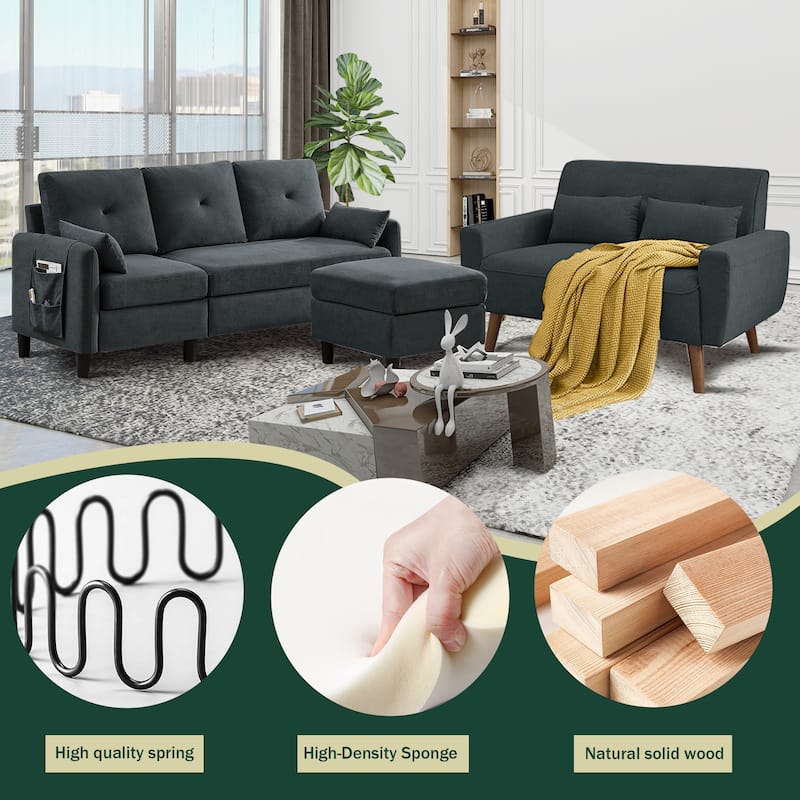 3 Pieces Living Room Set with Storage Ottoman
