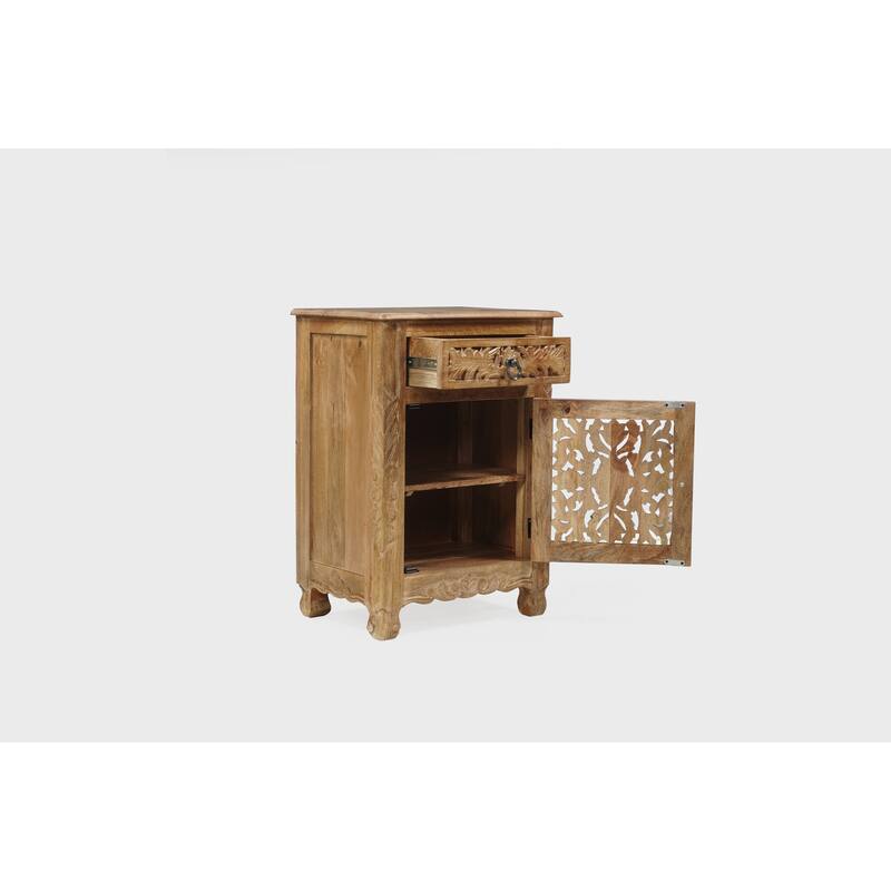 Florence Floral Solid Mango Wood 1-Drawer Nightstand with Cabinet Storage Assembled