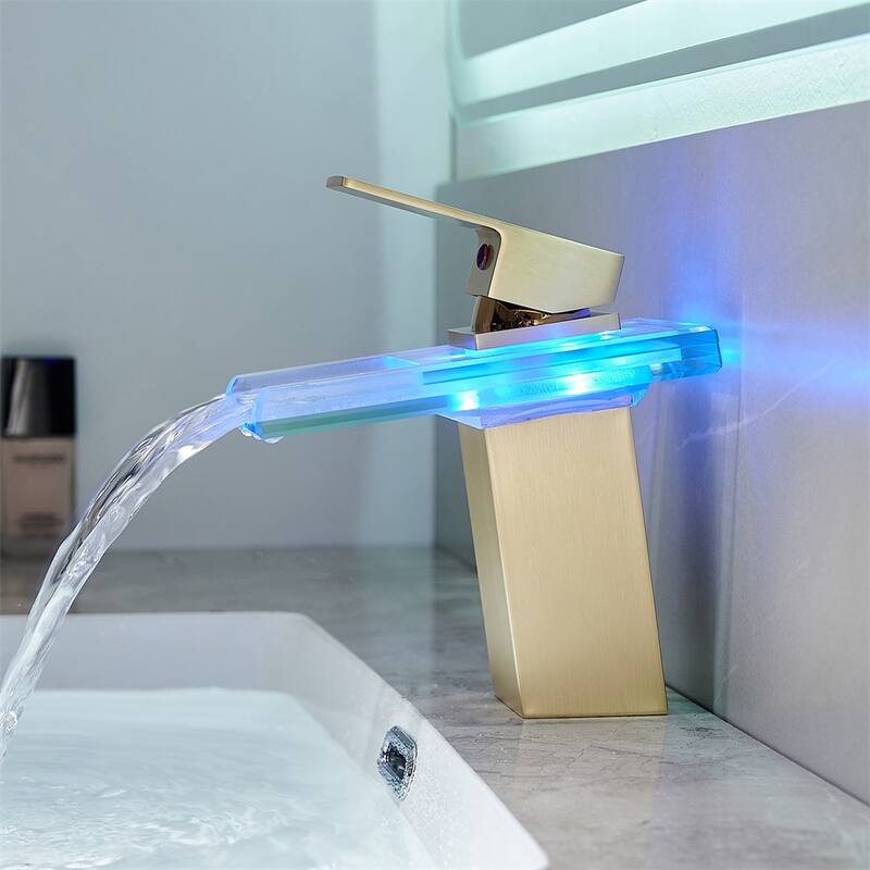 LED Bathroom Sink Faucet with Waterfall Spout and Hot Cold Water Mixer