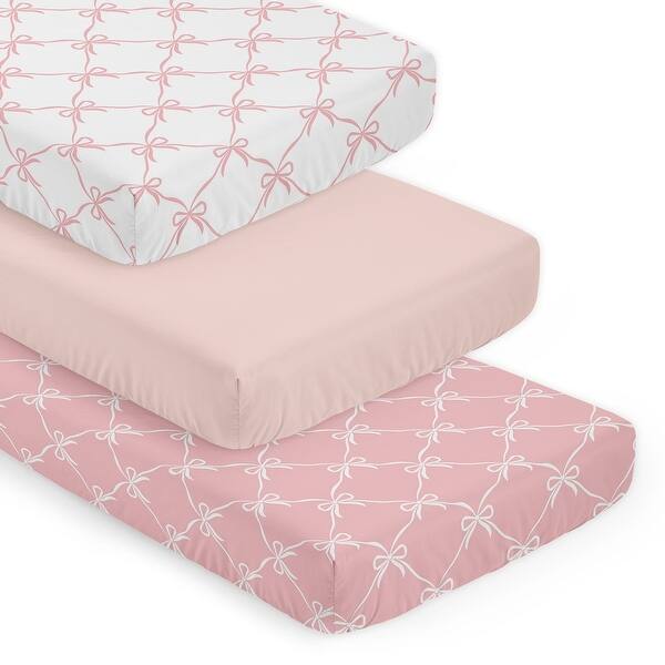 slide 2 of 6, Sweet Jojo Designs Pink Bows Girl 3 Pack Fitted Crib Sheets - Solid Blush & Elegant Bow for Ballerina Ballet Princess Collection