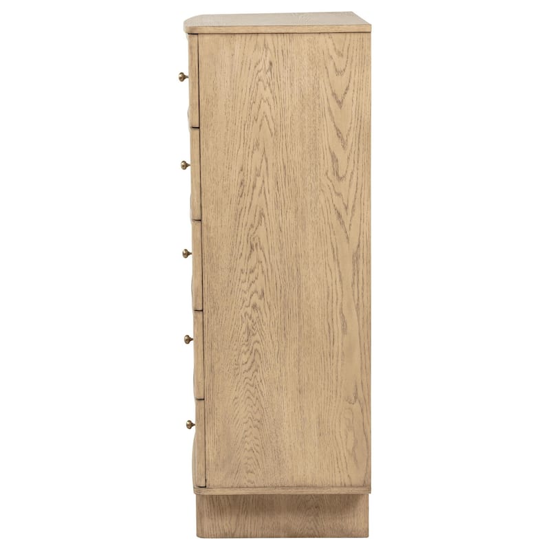 Lno Tall Dresser Chest, 5 Cane Accent Drawers w Brass Knobs, Oak Beige