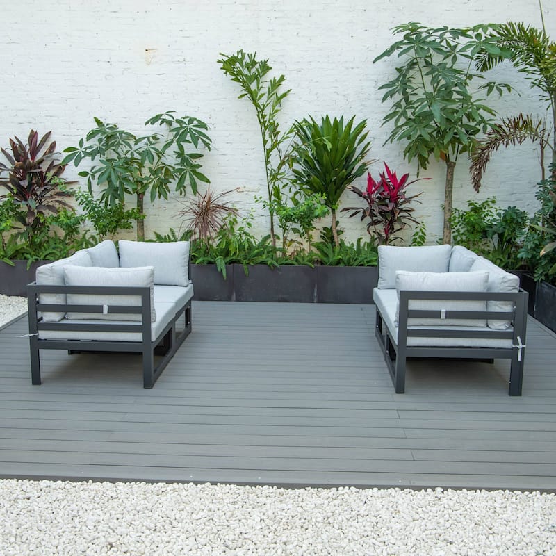 LeisureMod Chelsea 4-Piece Outdoor Patio Sectional Loveseat Set Black Aluminum with Cushions