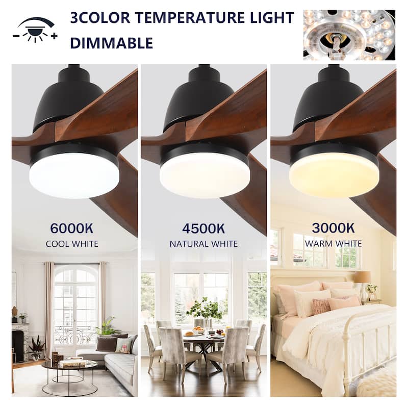 Hot sales 52 Inch Black Ceiling Fan With 3 Color Dimmable 5 Solide Wood Blades Remote Control Reversible DC Motor With Led Light