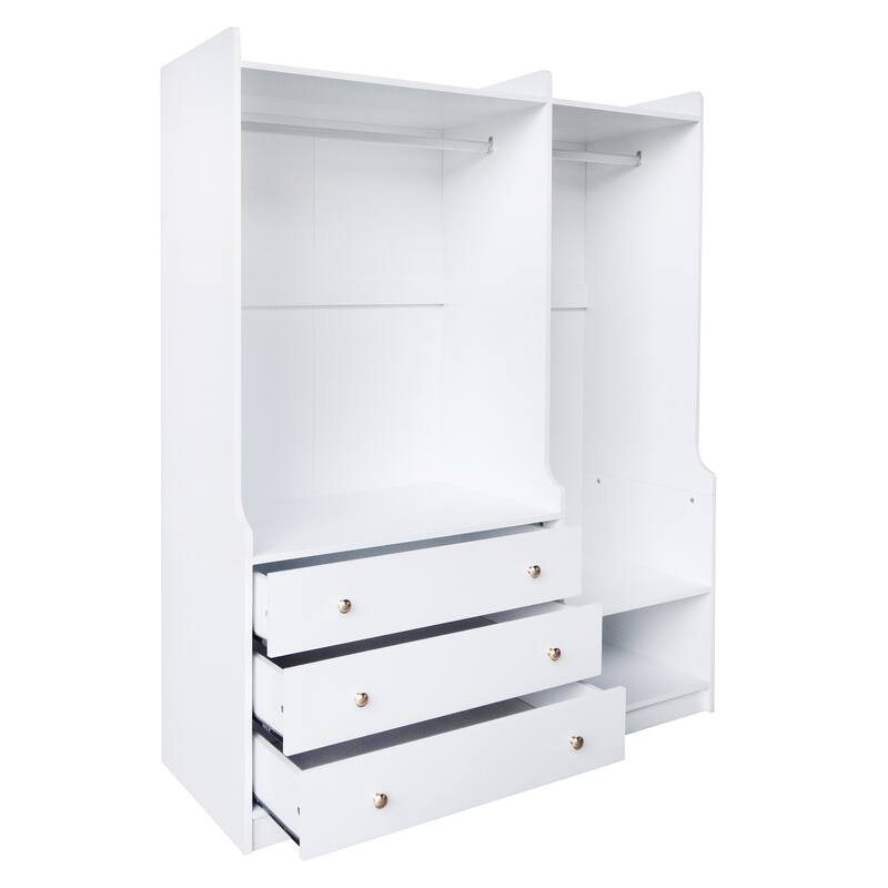 Wooden Open Wardrobe Storage Clothes Storage Cabinet with Dual Hanging Rods and Five Shelves Armoire for Bedroom