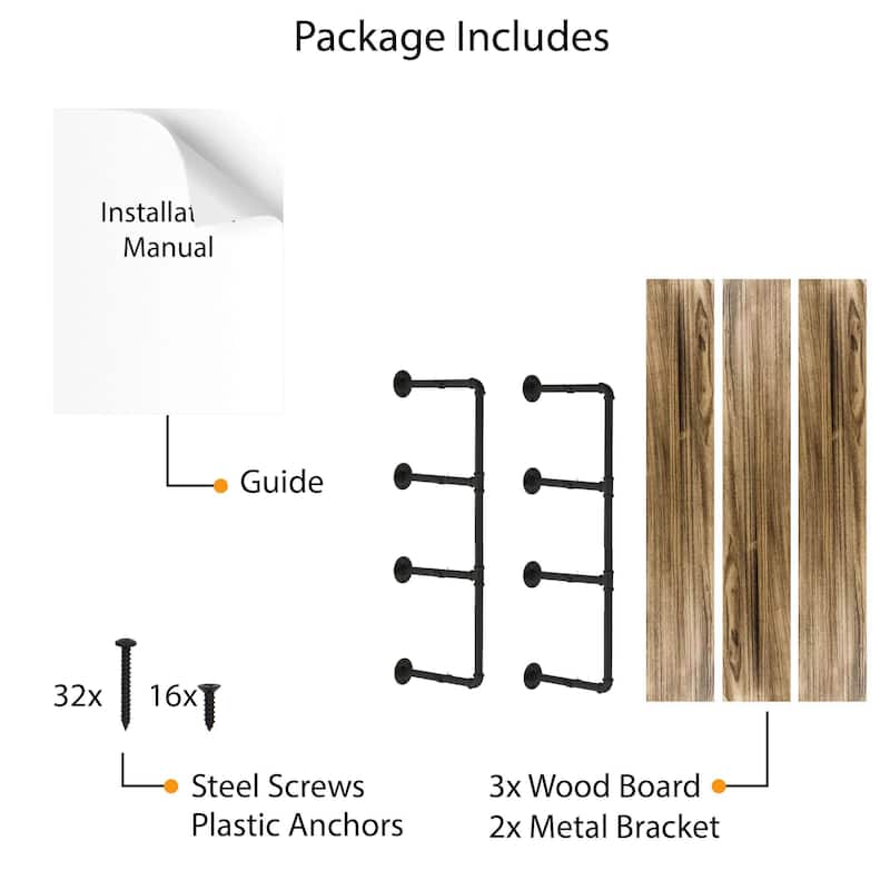 Wallniture 60"x 9.25" Industrial Bookshelf, Long Floating Shelves, Pipe Shelving, Wood Shelf for Wall, 3-Tier