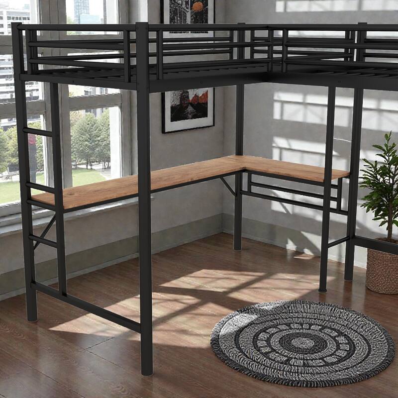 Twin Size Metal L-Shaped Loft Bed with Two Built-in Desks, Black Space-Saving Study Workstation Loft Frame