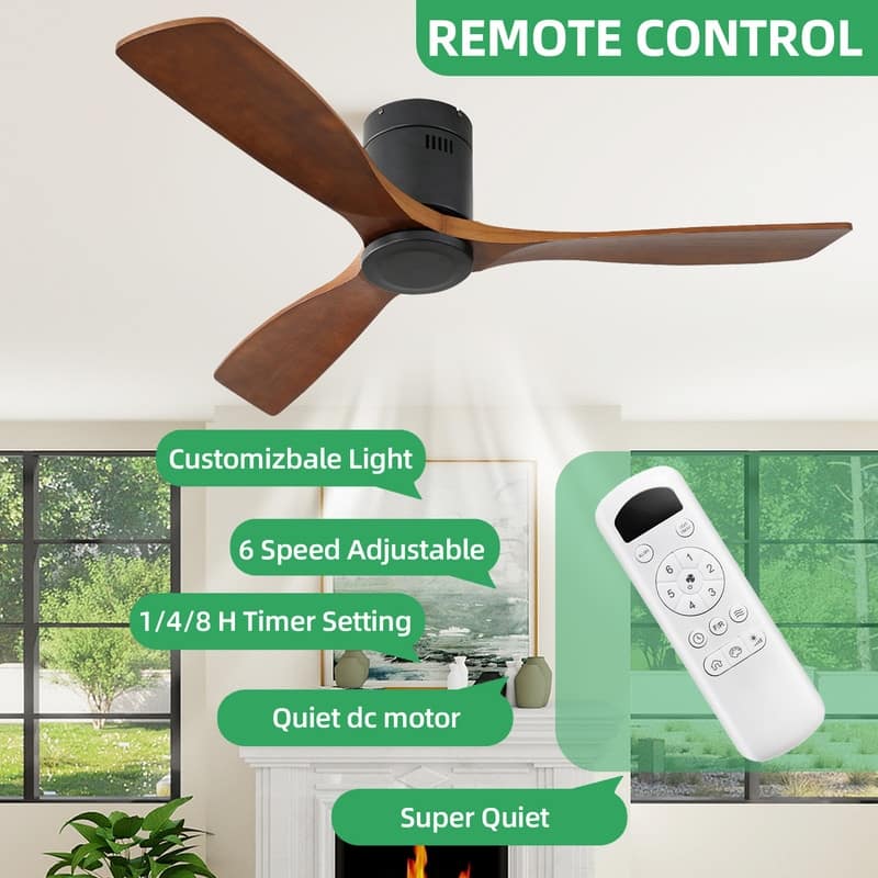 Sleek 52" Low Profile Walnut Ceiling Fan - Quiet, Remote Controlled, No Light