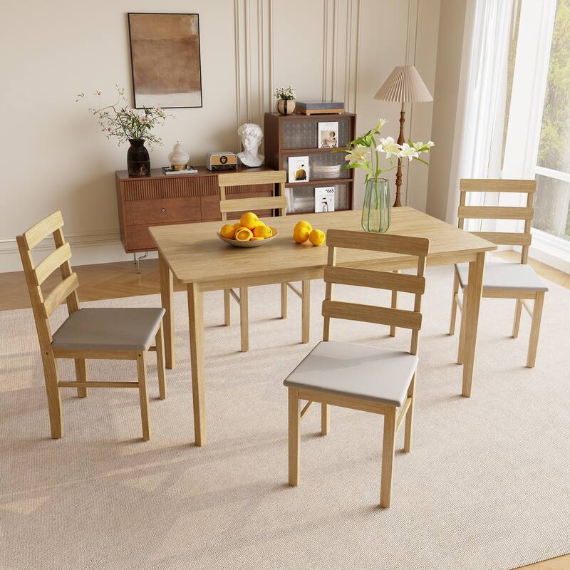 Solid Wood Dining Table Set for 4, includes 1 Rectangle Table & 4 Upholstered Chairs, 5-Piece Kitchen Dining Table & Chair Set