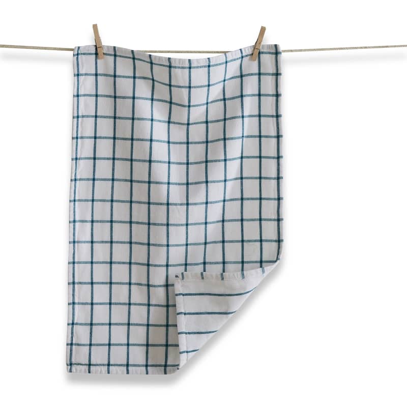 Classic Reversible Double Cloth Turquoise Blue Windowpane Cotton Machine Washable Kitchen Dishtowel 26L x 18W in.
