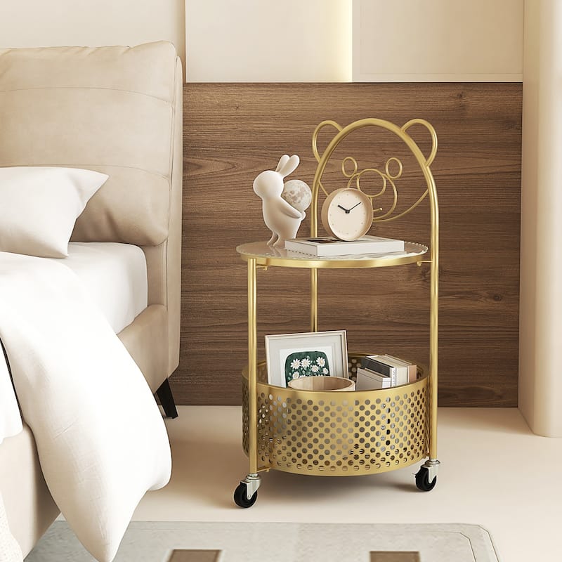 Gymax 2-Tier Mobile Glass Coffee Table w/ Bear Pattern Storage Basket