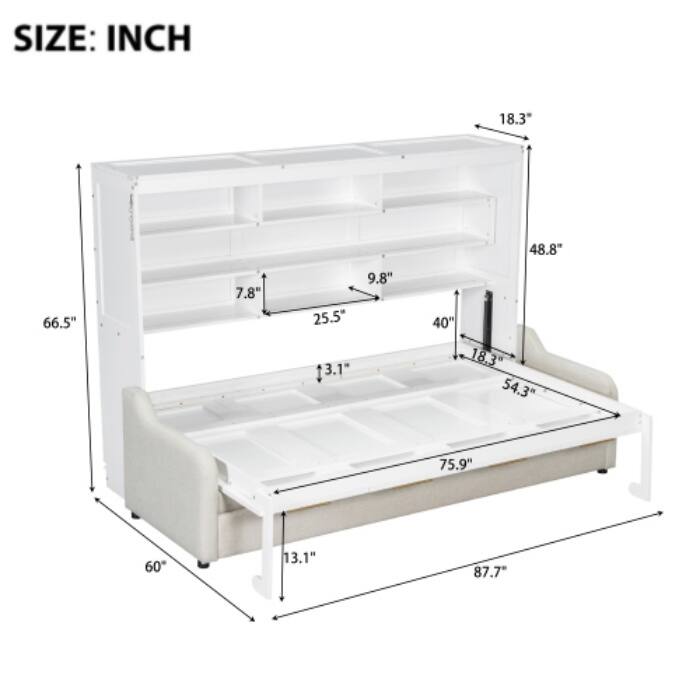 Queen/Full Size Murphy Cabinet Bed - Converts to Folding Sofa with Storage Shelves and LED Lights