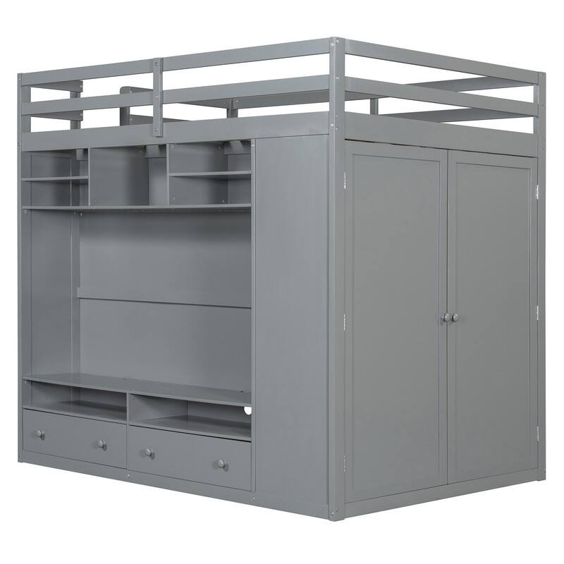 Full Size Loft Bed with LED Light, Wardrobe and 2 Storage Drawers, Solid Wood Loft Bedframe with Open Storage Shelves