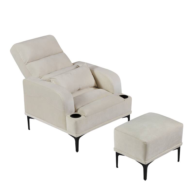 Accent Chairs with Ottoman, Velvet Fabric Armchair with Ottoman for Bedroom Living Room, Adjustable Backrest and Side Pockets