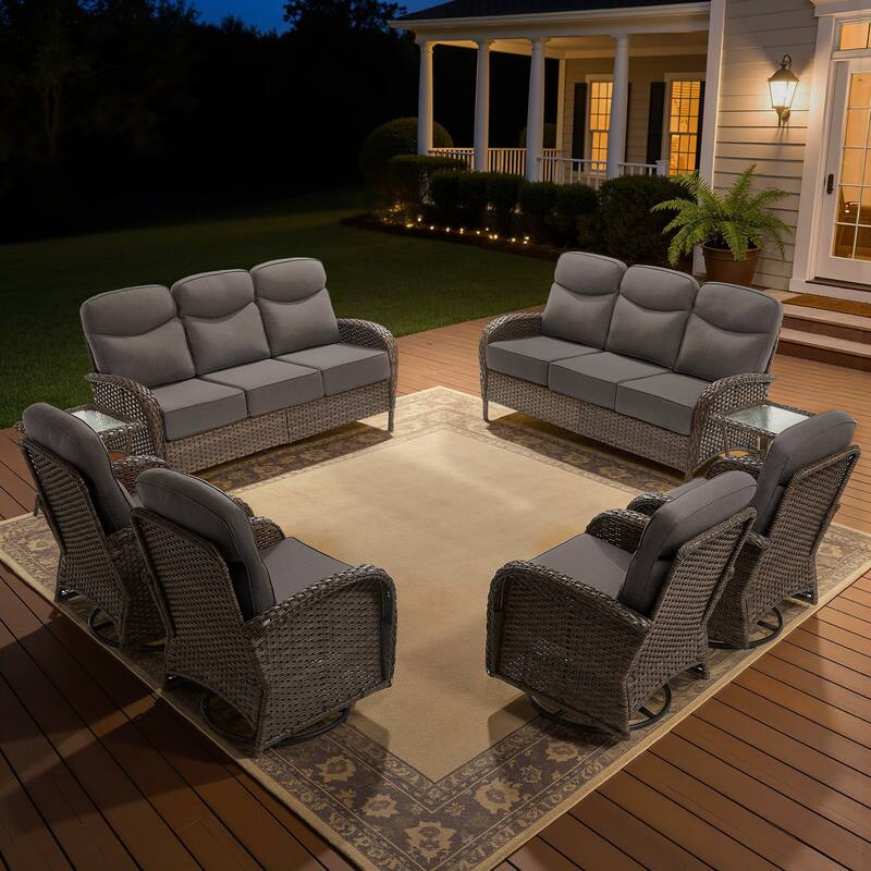 Luna 8-Piece Wicker Patio Conversation Set with Swivel Gliders and 6-Inch Thick Olefin Cushions
