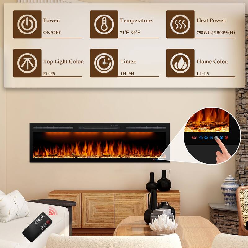 72inches Wall Mounted& Recessed Electric Fireplace with Remote Control