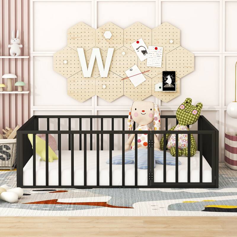 Metal Floor Bed Versatile Kids Bed without Slats, Sturdy Metal Floor Bed Frame with Fence and Door - Black - Full