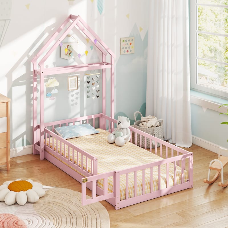 Montessori Twin Size Floor Bed Frame with Guardrails and House Shaped Headboard for Kids Bedroom - Pink