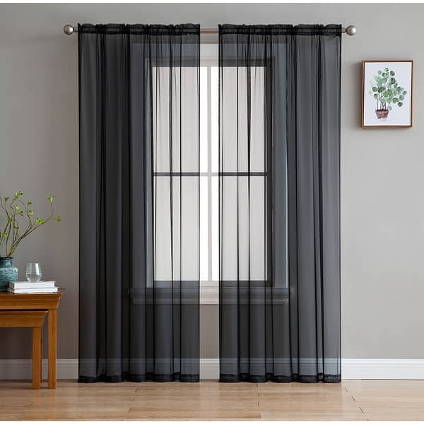 slide 2 of 6, HLC.me Sheer Voile Window Treatment Rod Pocket Curtain Panels for Bedroom, Living Room, Kitchen - Set of 2 panels 54 W x 84 L per panel - Pair - Black