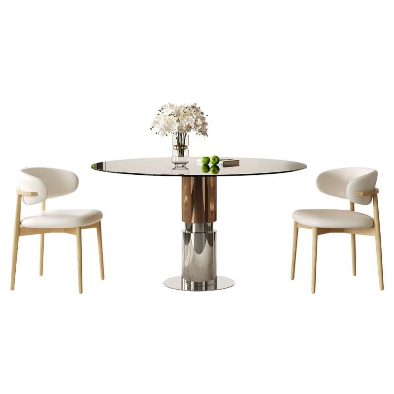 3 Piece Round Dining Table Set Tempered Glass Top Stainless Steel Base 4 Chairs