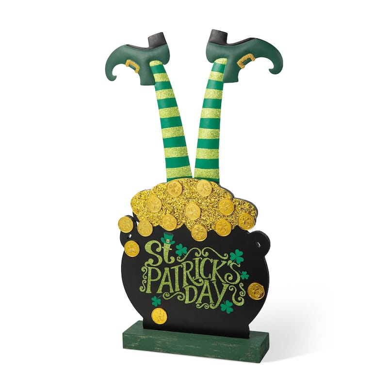 Glitzhome 24"H Wooden St. Patrick's Leprechaun Pot of Gold Porch Decor