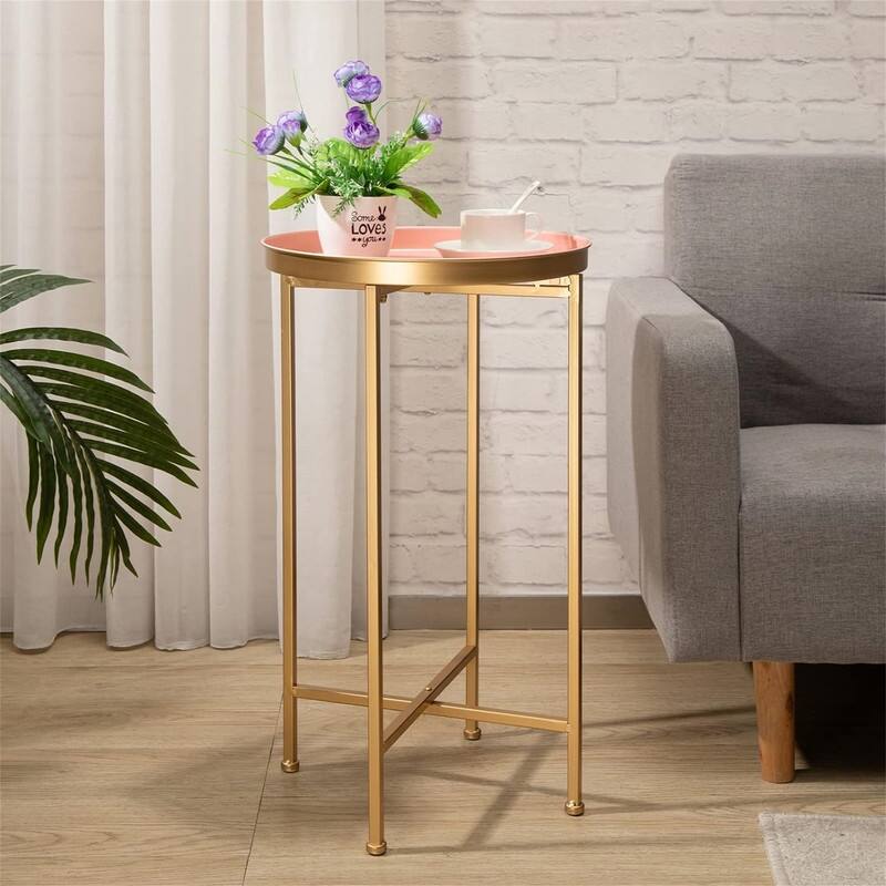 Small Round Metal End Table - 14.5"D x 14.5"W x 25"H - Gold&pink